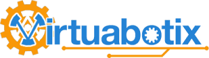 Virtuabotix logo: a blue gear icon with an orange 'V' cutout, next to the word Virtuabotix in blue and orange.